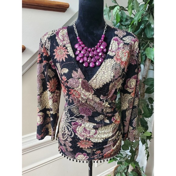 MSK Womens Black Floral Polyester Long Sleeve V Neck Casual Top Blouse Size L - Picture 2 of 11